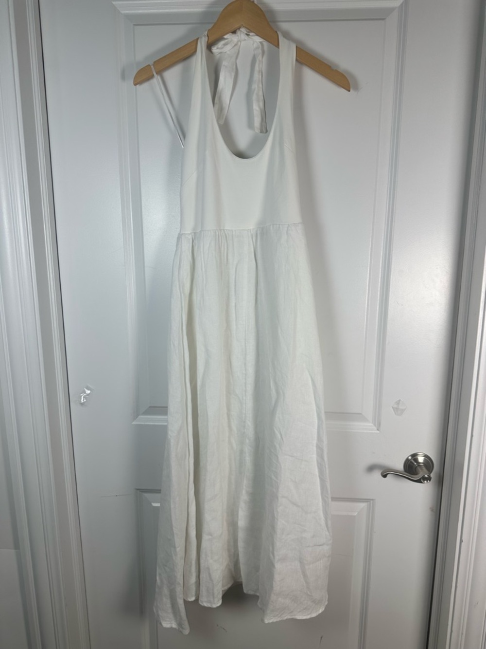 J Crew Maxi Dress XXS White Linen Halter Tie Back Summer Minimalist Coastal - Picture 6 of 9